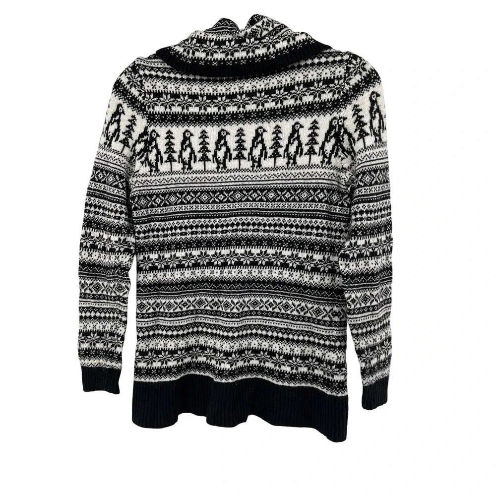 LOFT Fair Isle Penguin Tree Print Cowl Neck Sweater wool mix Small Black White s